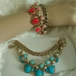 Two Quality Gorgeous Goldtone Coral & Turquoise Bracelets w/ Crystals LIKE NEW!